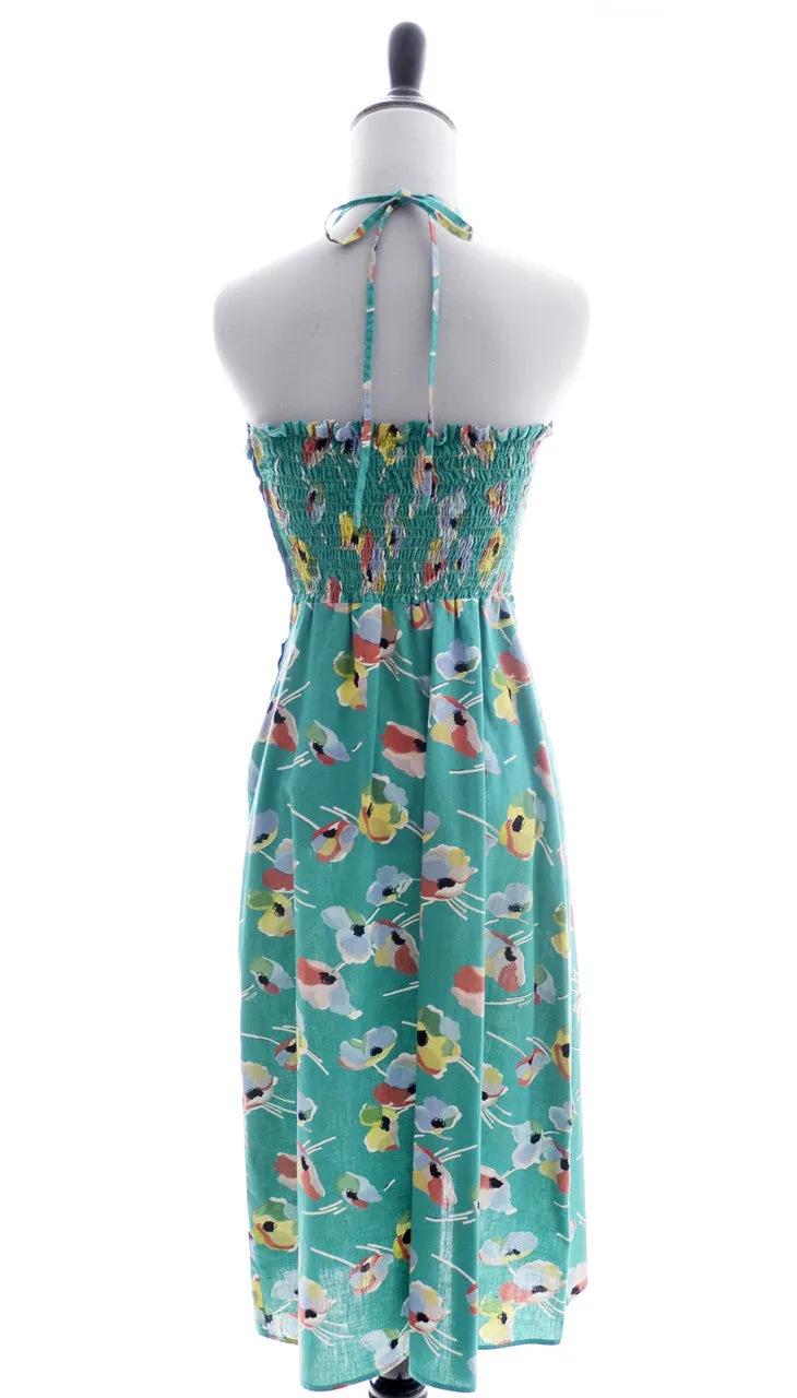 1970's Cotton Green Floral Vintage Halter Dress From Karavan