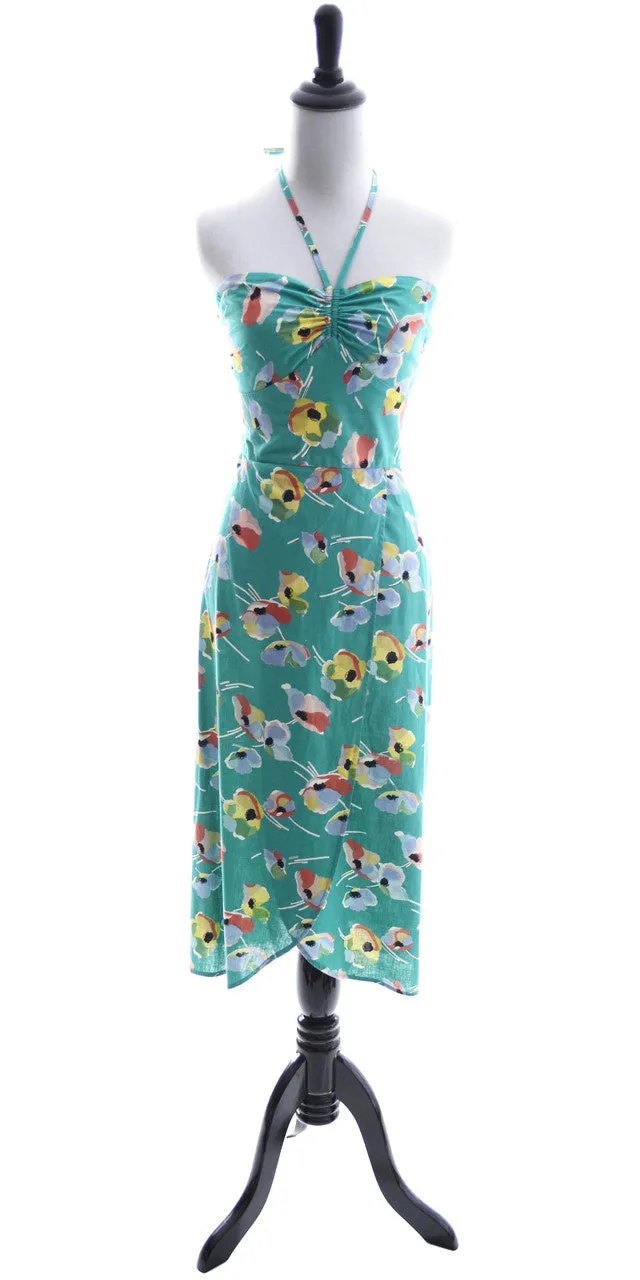 1970's Cotton Green Floral Vintage Halter Dress From Karavan