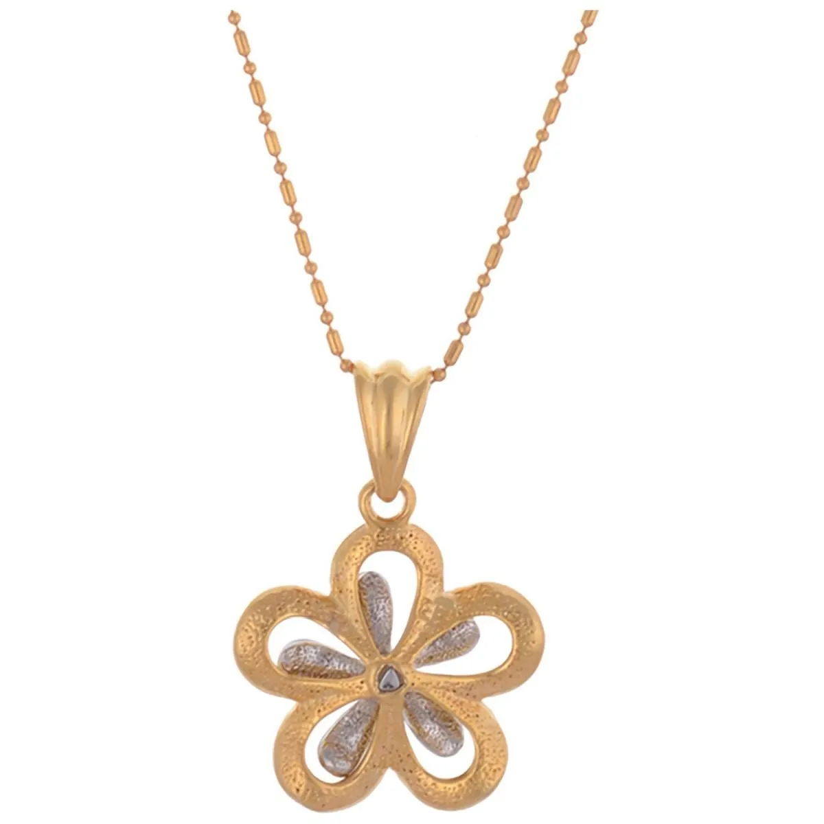 5 Petal White Rhodium And Gold Plated Flower Pendant And Chain