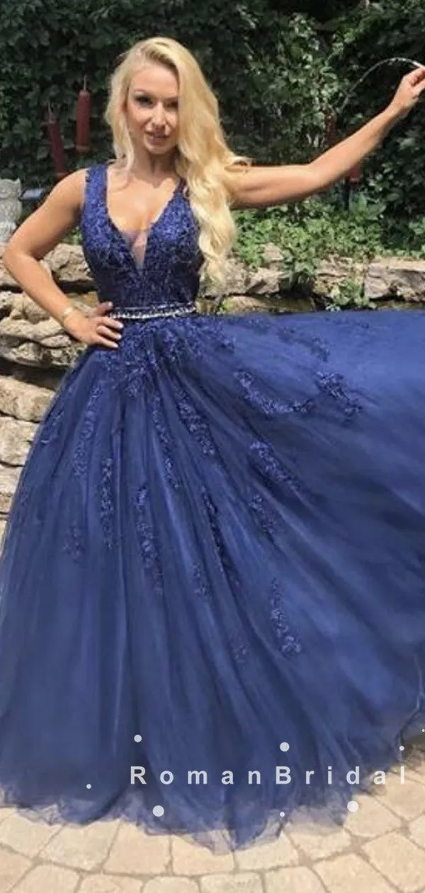 A-Line Deep V-Neck Sleeveless Navy Blue Tulle Lace Long Prom Dresses With Beading,RBPD0045