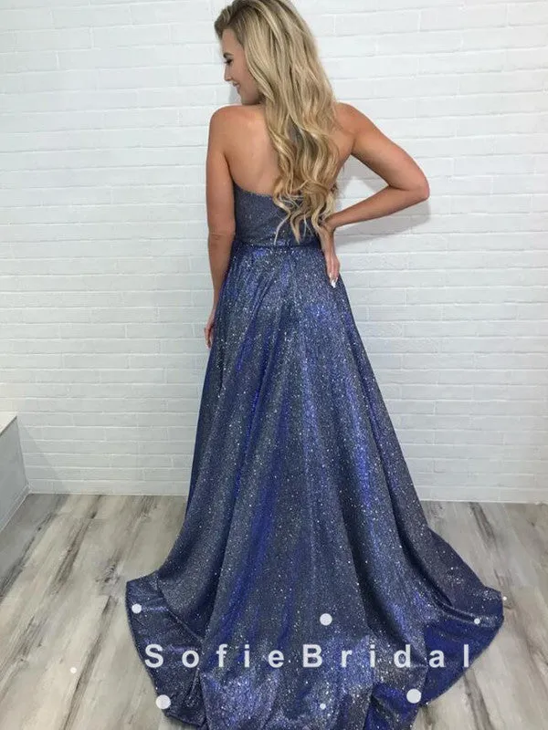 A-Line Deep V-Neck Spaghetti Straps Custom Long Prom Dresses With Slit,SFPD0088