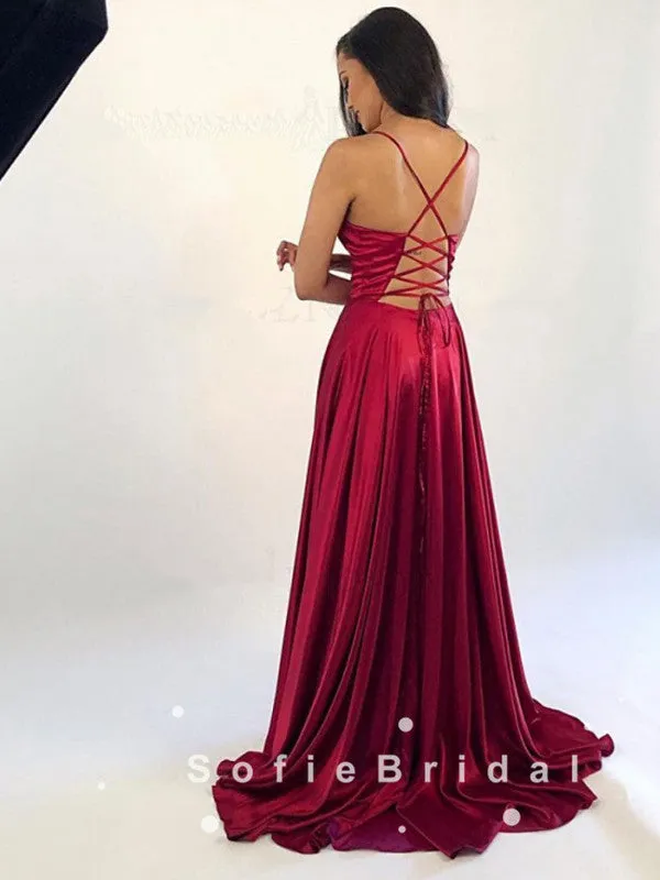 A-Line V-Neck Spaghetti Straps Red Cheap Long Prom Dresses With Slit,SFPD0021