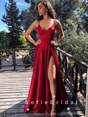 A-Line V-Neck Spaghetti Straps Red Cheap Long Prom Dresses With Slit,SFPD0021