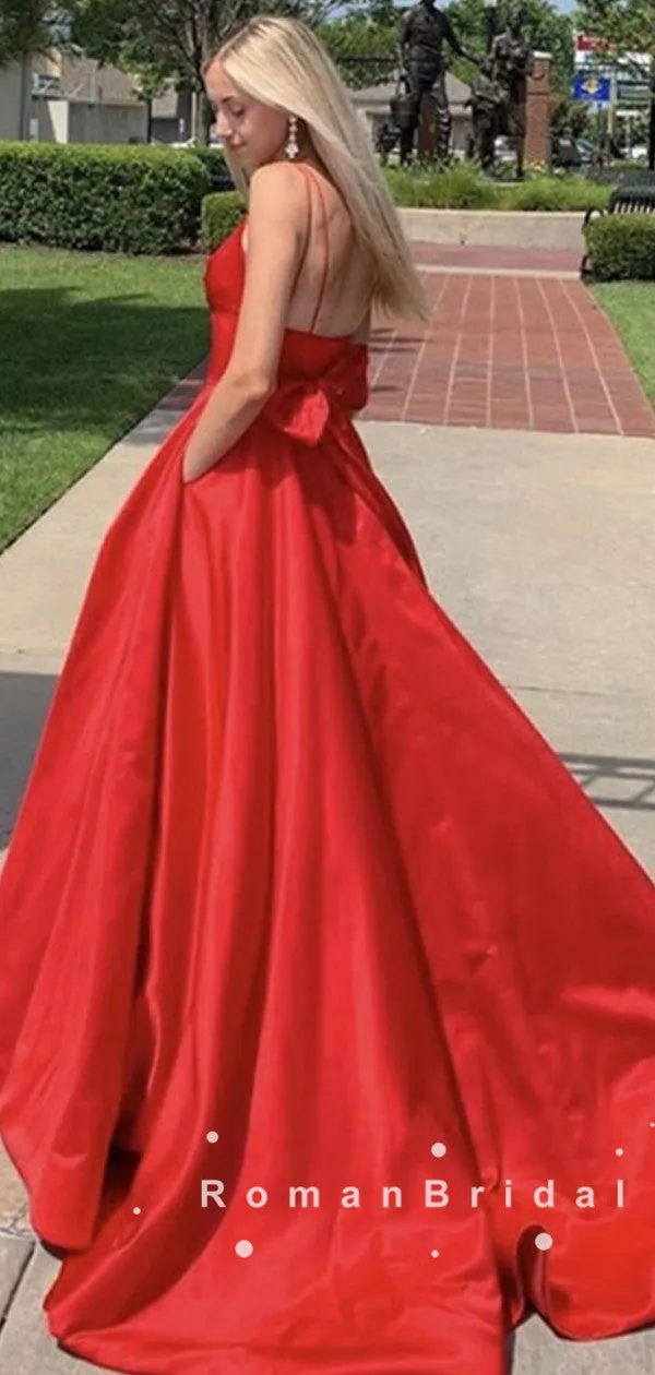 A-Line V-Neck Spaghetti Straps Red Satin Long Prom Dresses With Pleats,RBPD0056