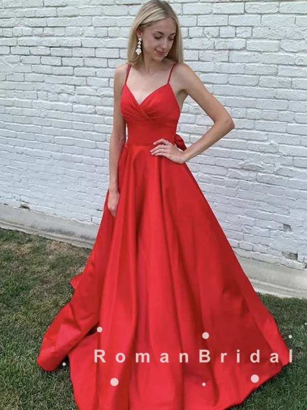 A-Line V-Neck Spaghetti Straps Red Satin Long Prom Dresses With Pleats,RBPD0056