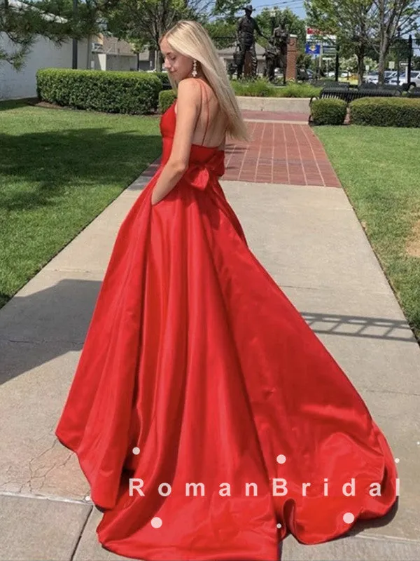 A-Line V-Neck Spaghetti Straps Red Satin Long Prom Dresses With Pleats,RBPD0056