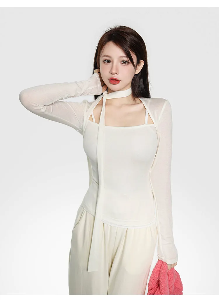 Amanda Solid Color Neck Ribbon Square Neck Long Sleeve Slim Top