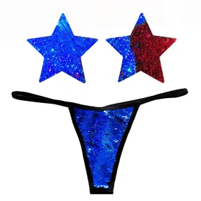 American Spirit Blue & Red Flip Sequin Pastie and Pantie Lingerie Set