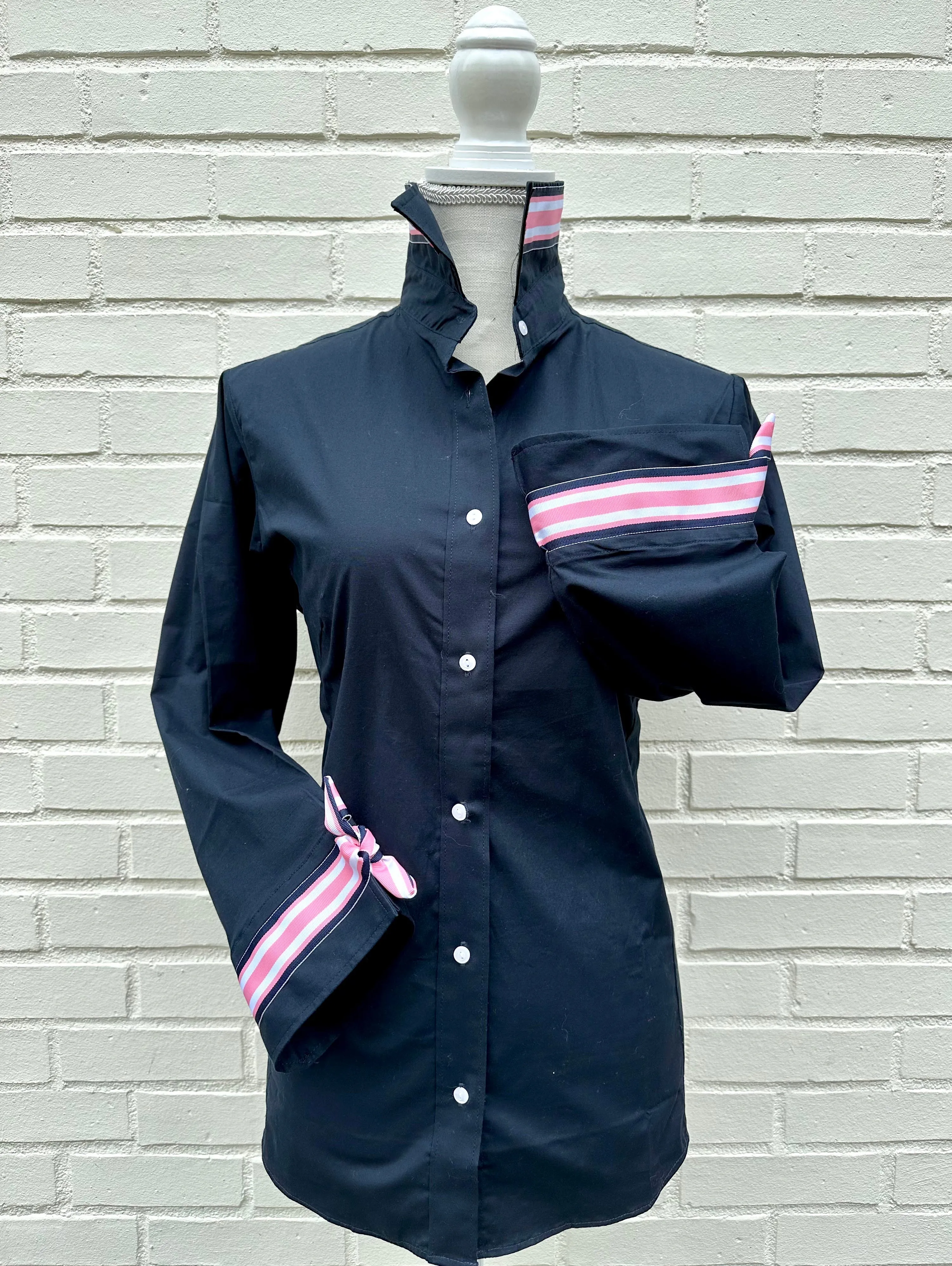 Ann Navy w Navy Pnk Wte Ribbon Tie Shirt (Ann14)