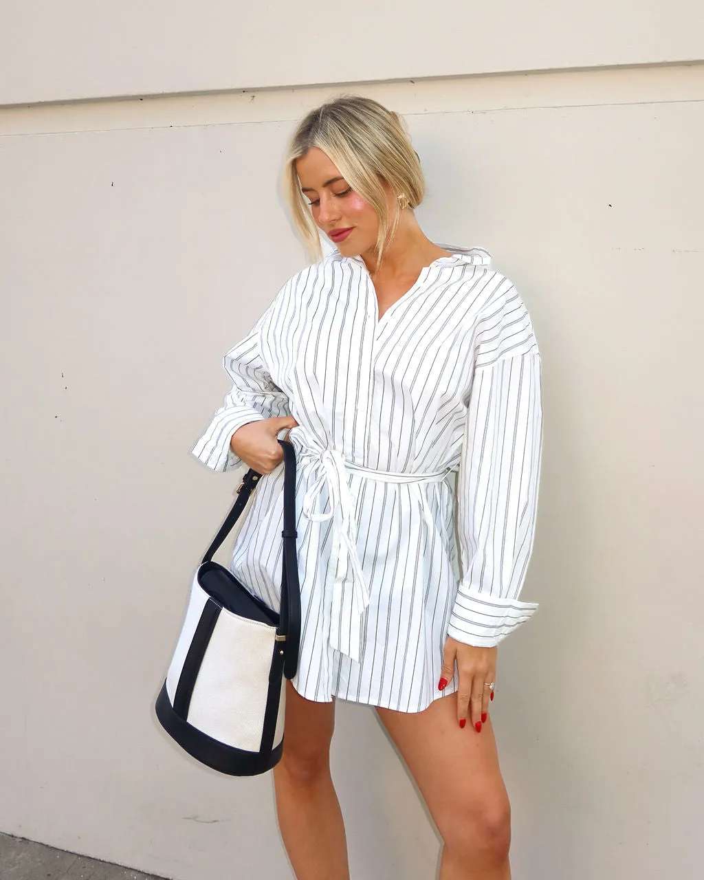 Between The Lines Waist Tie Mini Shirt Dress