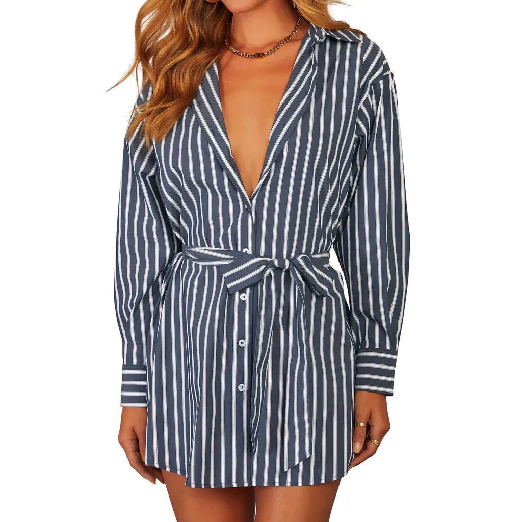 Between The Lines Waist Tie Mini Shirt Dress