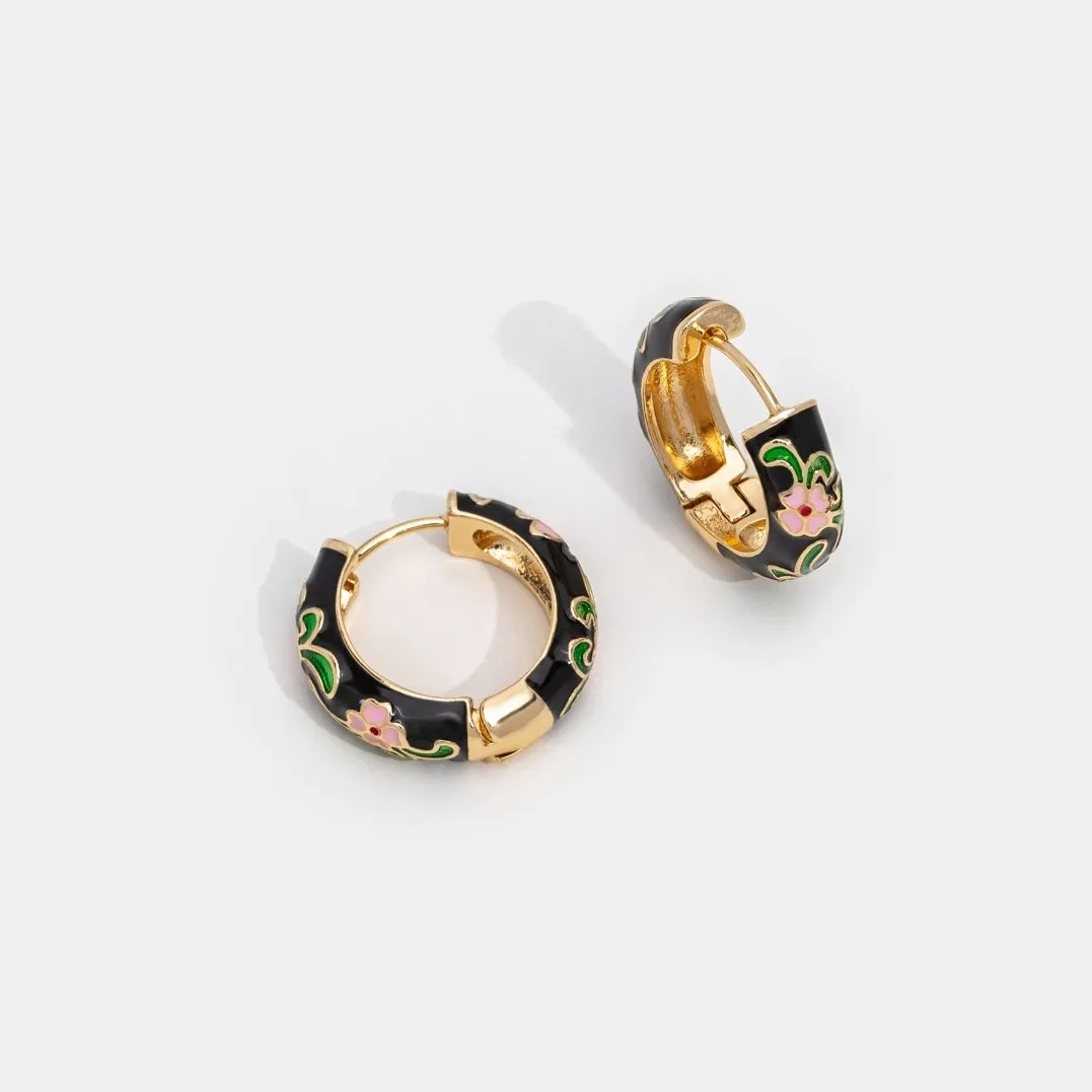 Black Gold Hoop Flower Earrings