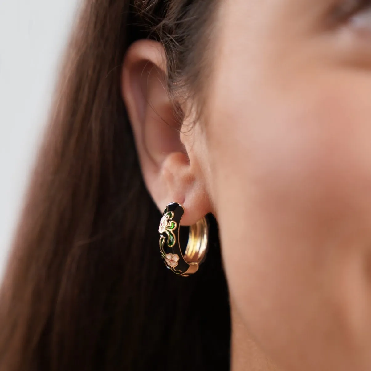 Black Gold Hoop Flower Earrings