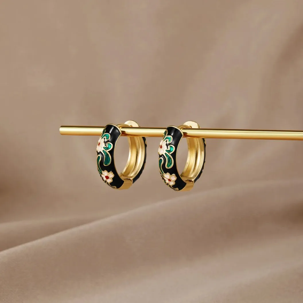 Black Gold Hoop Flower Earrings