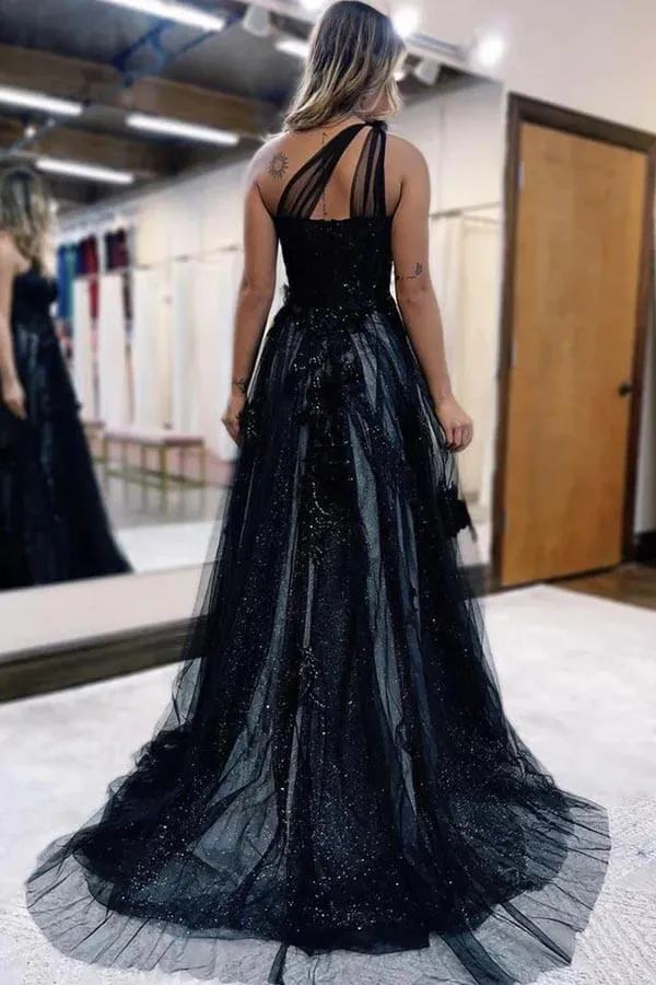 Black Tulle A-line One Shoulder Lace Appliques Prom Dress, Party Dress, SP985