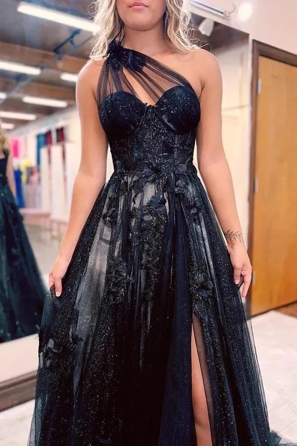 Black Tulle A-line One Shoulder Lace Appliques Prom Dress, Party Dress, SP985