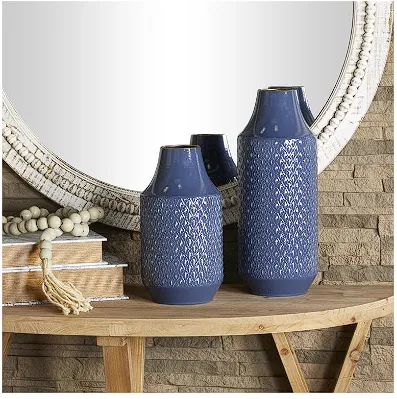 BLUE METAL DIAMOND EMBOSSED EXTERIOR VASE