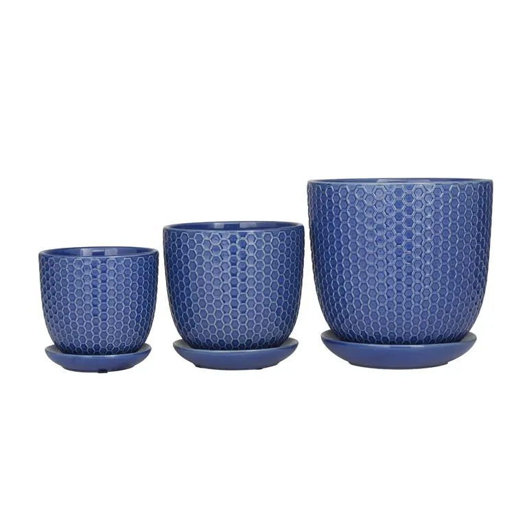 BLUE PORCELAIN GEOMETRIC INDOOR OUTDOOR PLANTER WITH ATTACHED SAUCER