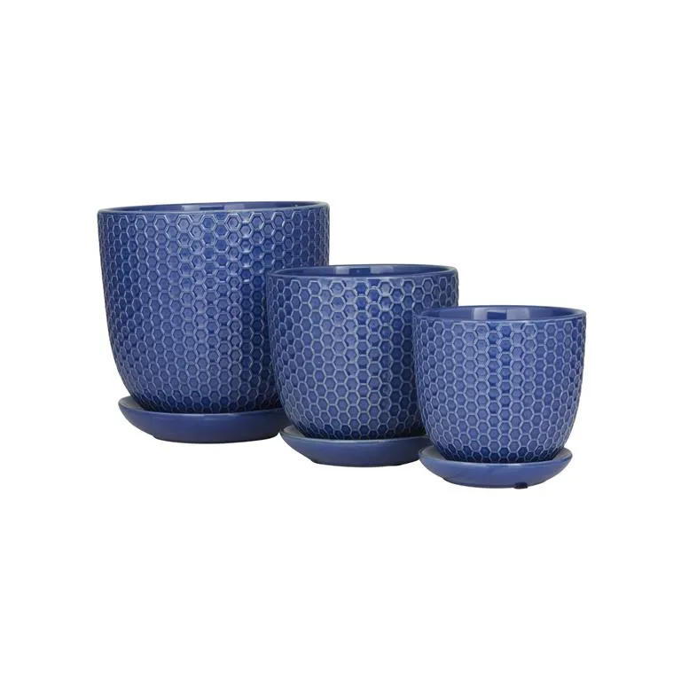 BLUE PORCELAIN GEOMETRIC INDOOR OUTDOOR PLANTER WITH ATTACHED SAUCER