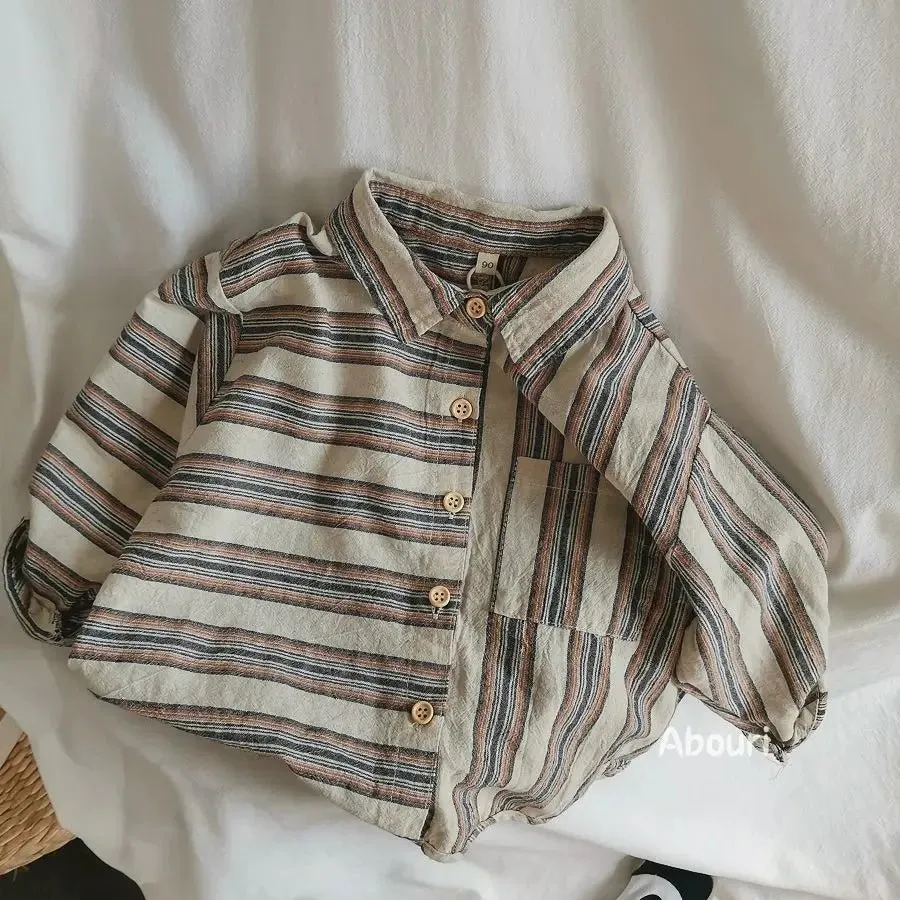 Boys' Striped Cotton Long Sleeve Button-Up Shirt