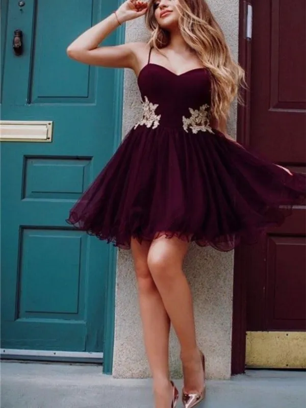 Burgundy Spaghetti-strap Sweethert Velvet Top Tulle Short Prom Homecoming Dress, PD3086