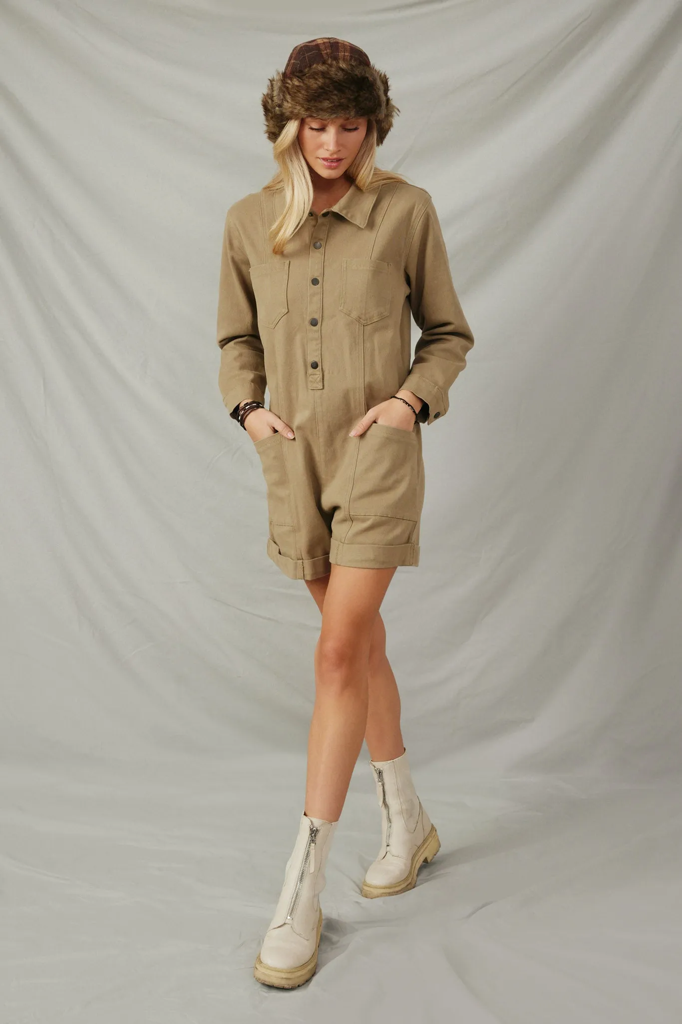 Button Up Cargo Pocket Long Sleeve Romper