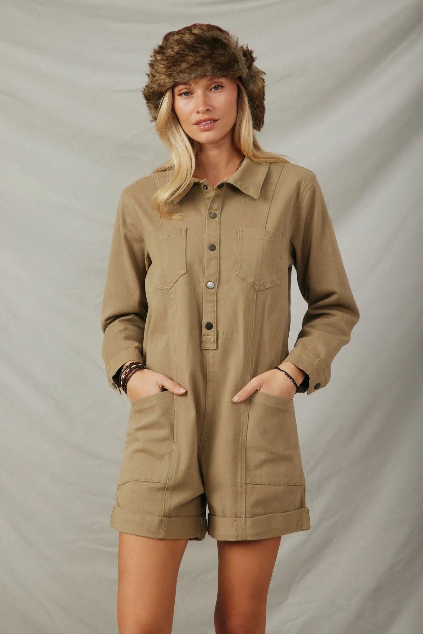 Button Up Cargo Pocket Long Sleeve Romper