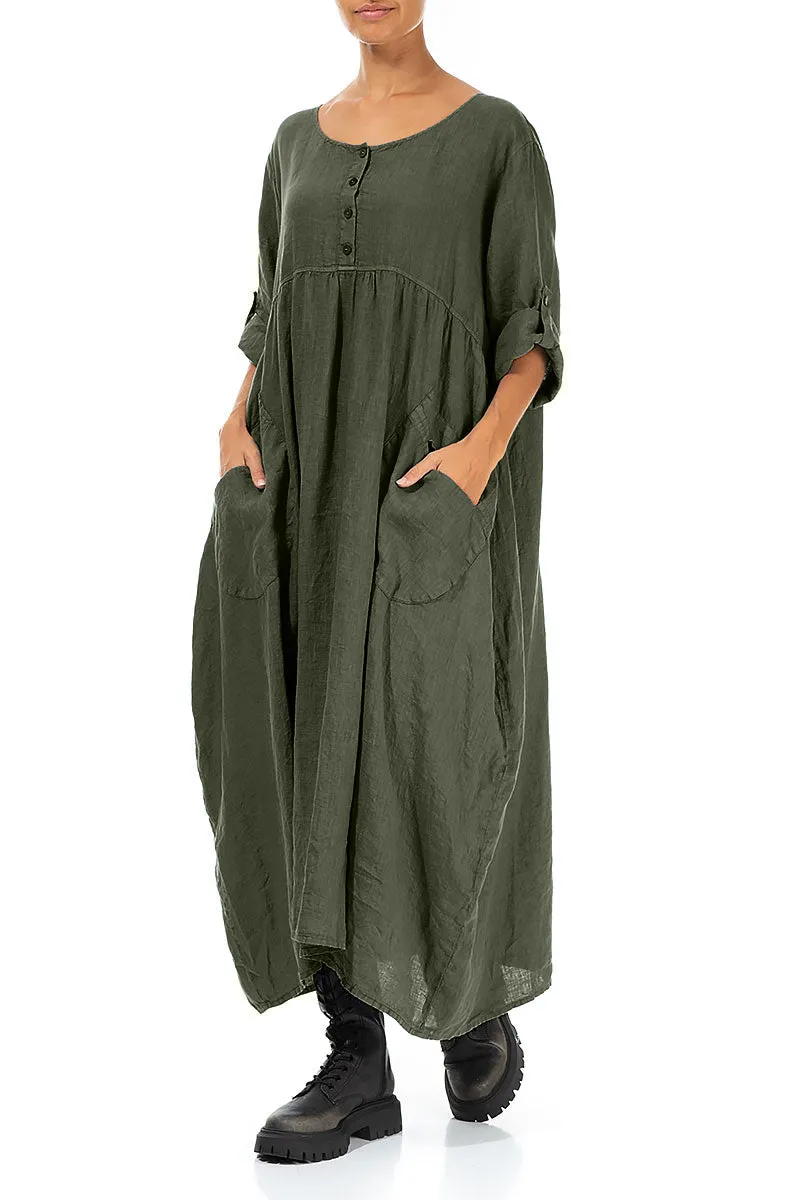 Buttoned Olive Linen Dress