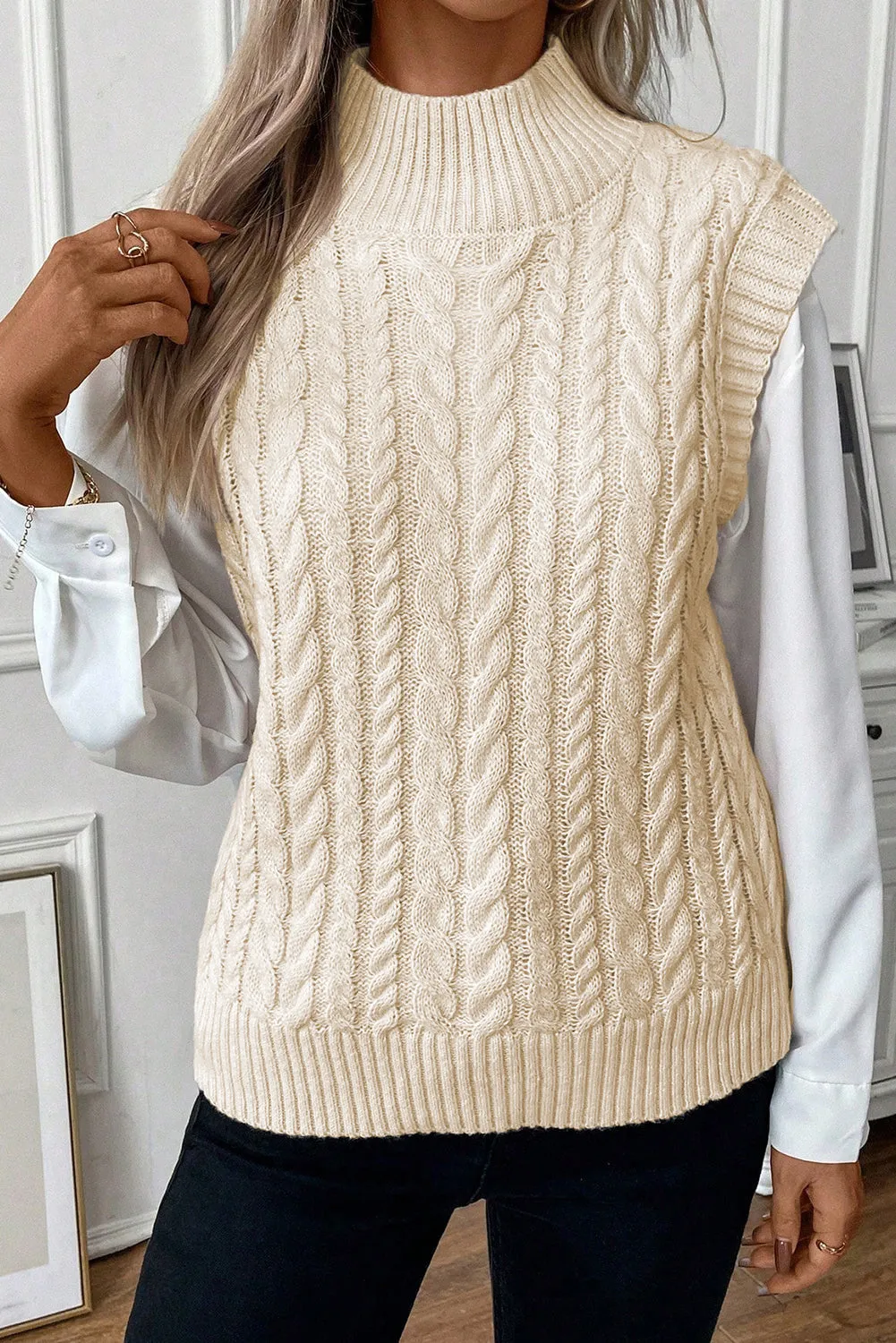 Cable Knit High Neck Sweater Vest