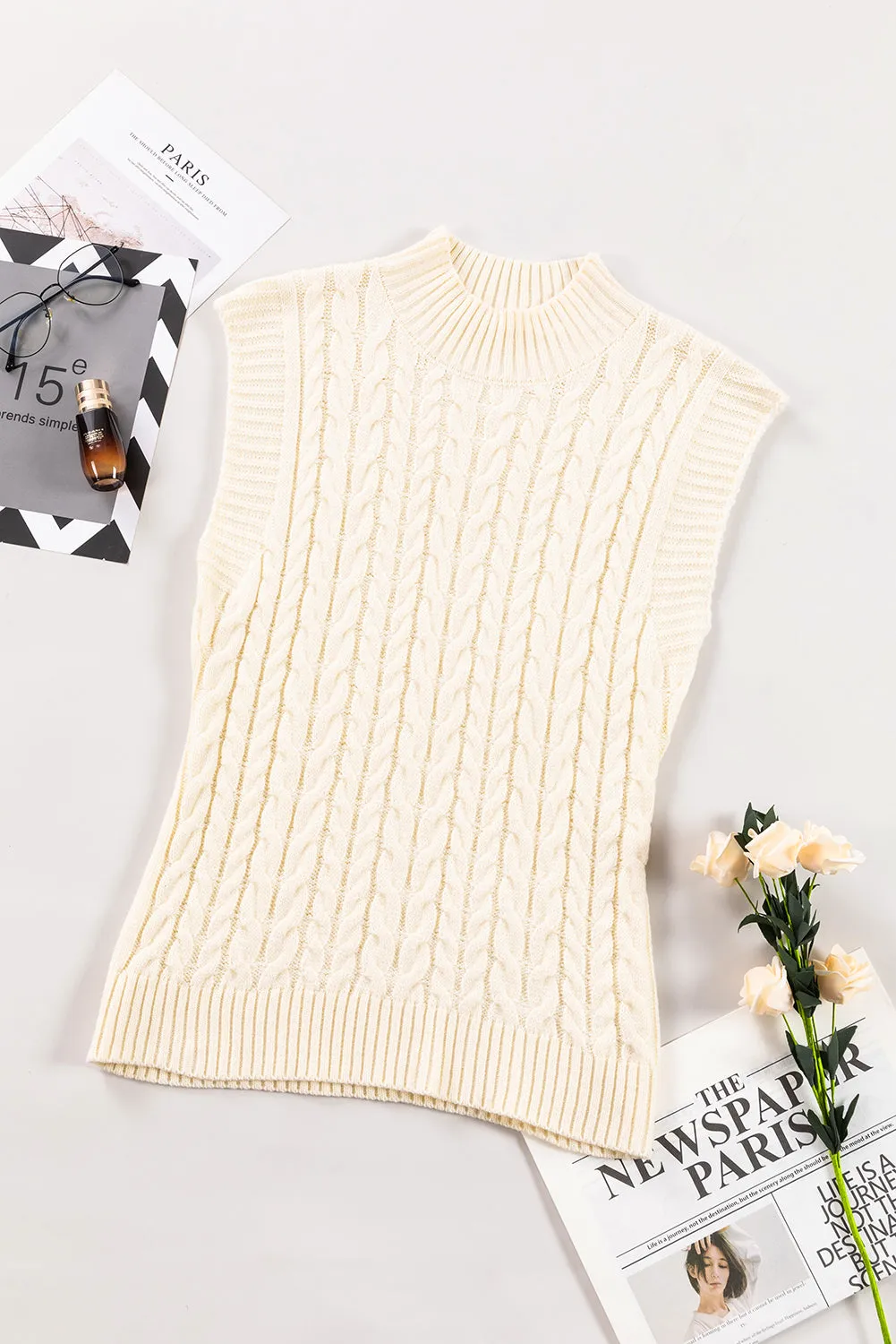 Cable Knit High Neck Sweater Vest