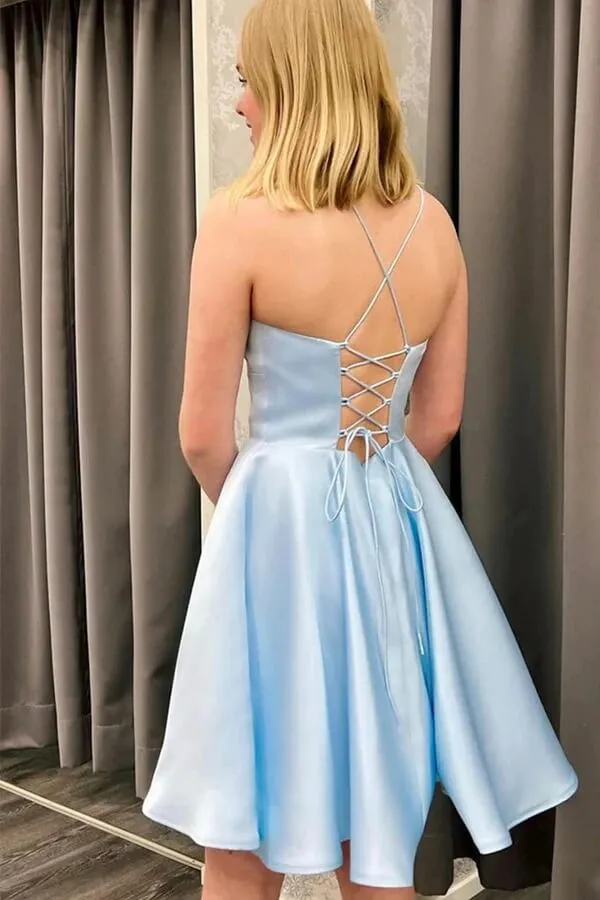 Cute Light Blue Satin Backless Homecoming Dresses, Short Prom Dresses, SH588