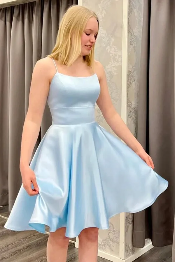 Cute Light Blue Satin Backless Homecoming Dresses, Short Prom Dresses, SH588