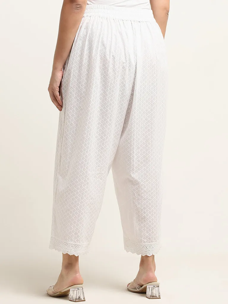 Diza White Self-Patterned High-Rise Cotton Ethnic Pants