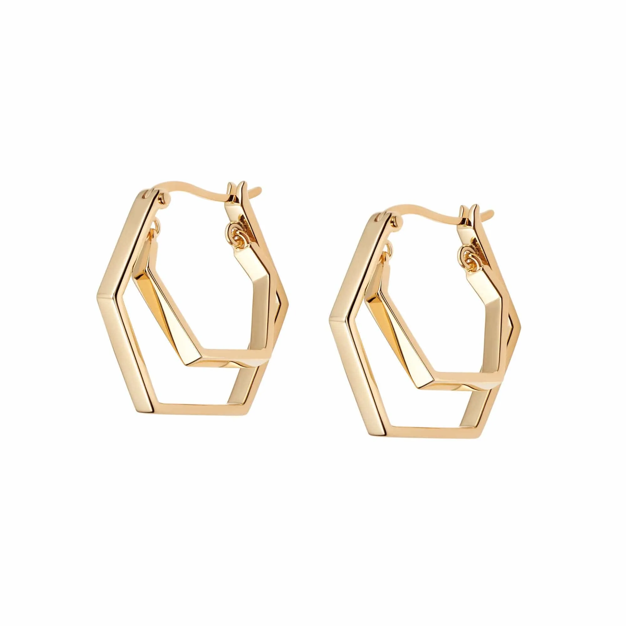 Double Hexagon Hoop Earrings 18ct Gold Plate