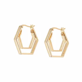 Double Hexagon Hoop Earrings 18ct Gold Plate