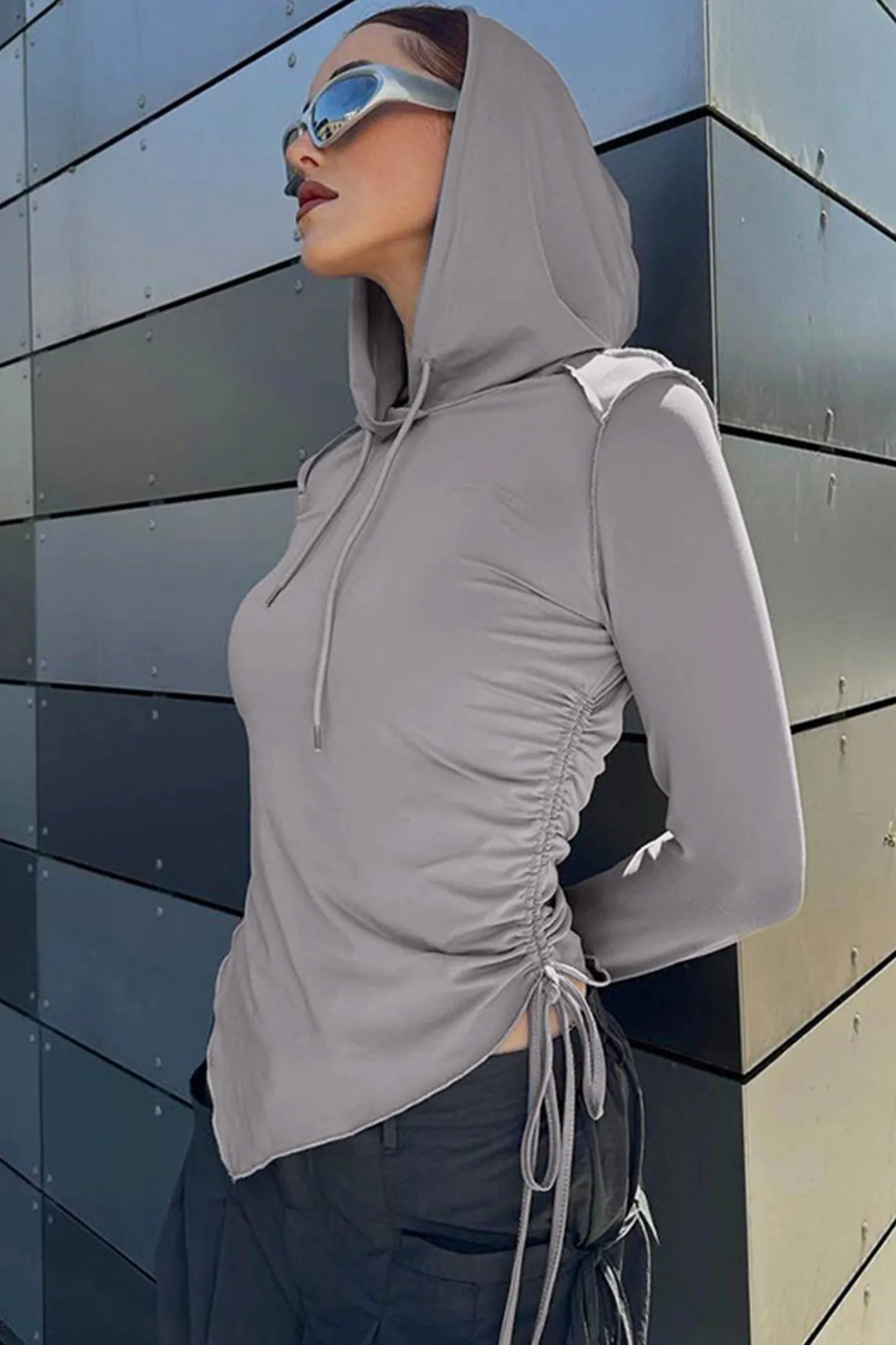 Drawstring Irregular Hem Hoodie