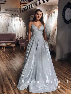 Elegant A-Line V-Neck Spaghetti Straps Grey Long Prom Dresses,RBPD0031