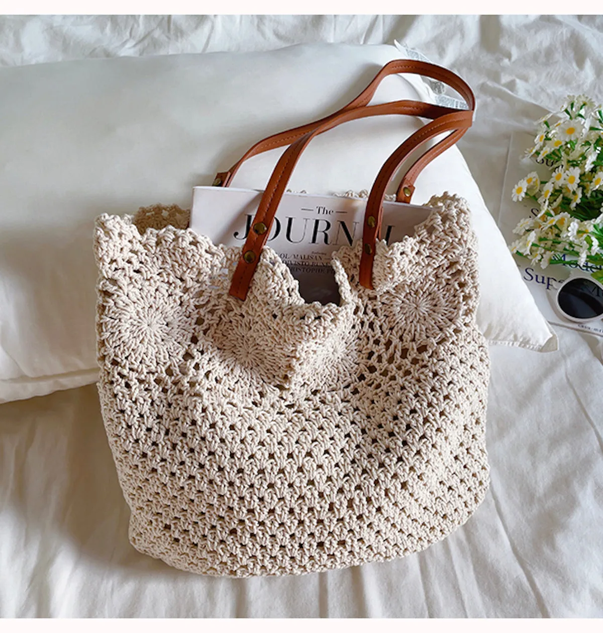 Elena Handbags Floral Design Cotton Knitted Shoulder Bag