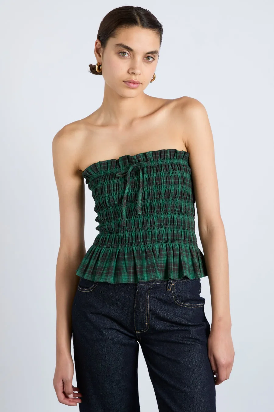 elsa shirred bardot cami - green check