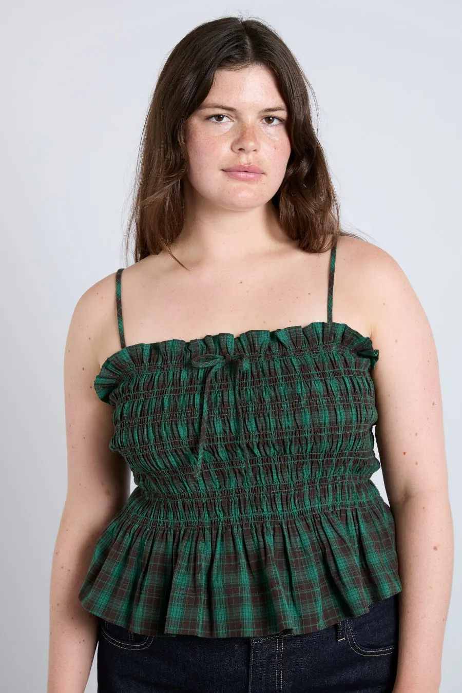 elsa shirred bardot cami - green check