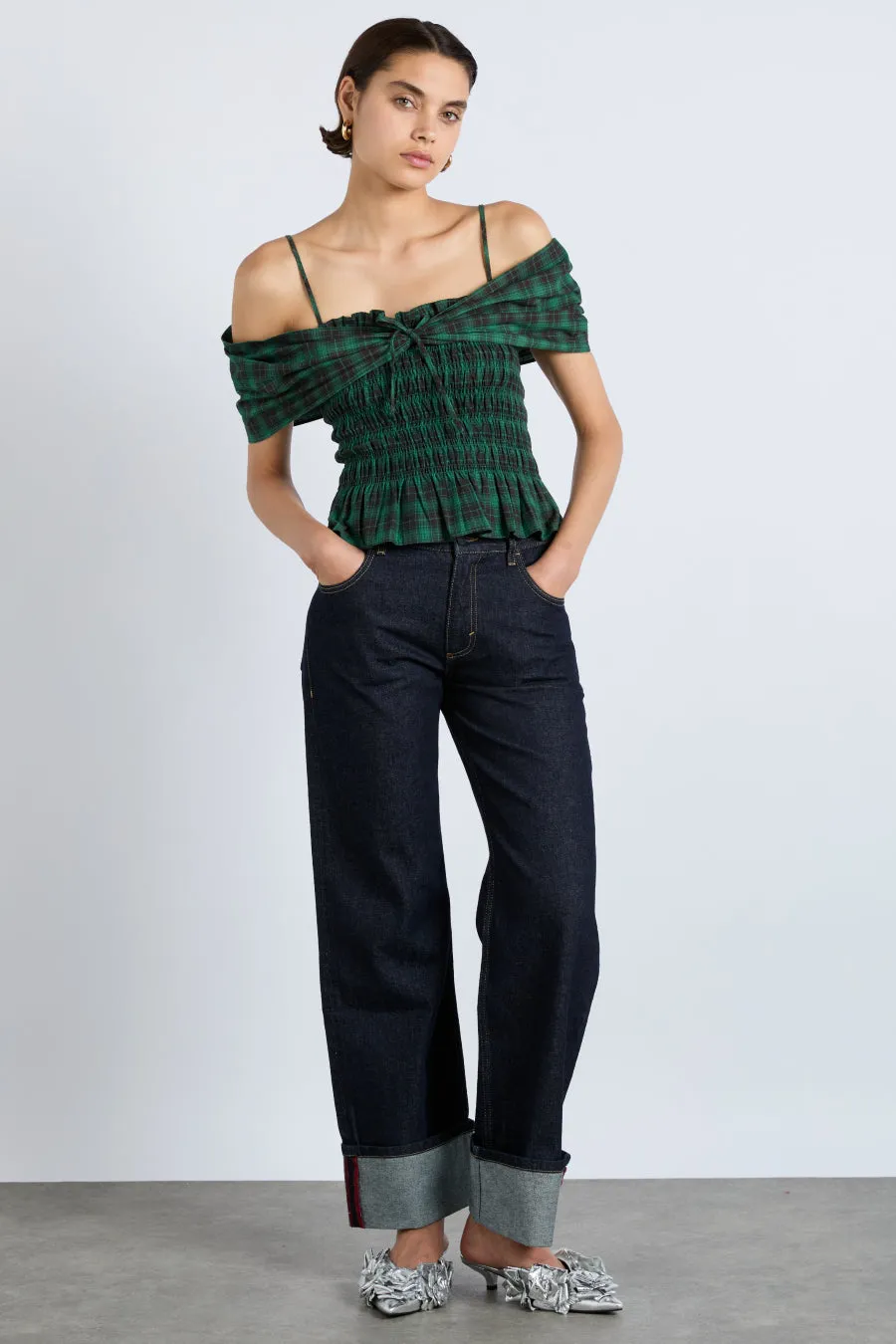 elsa shirred bardot cami - green check