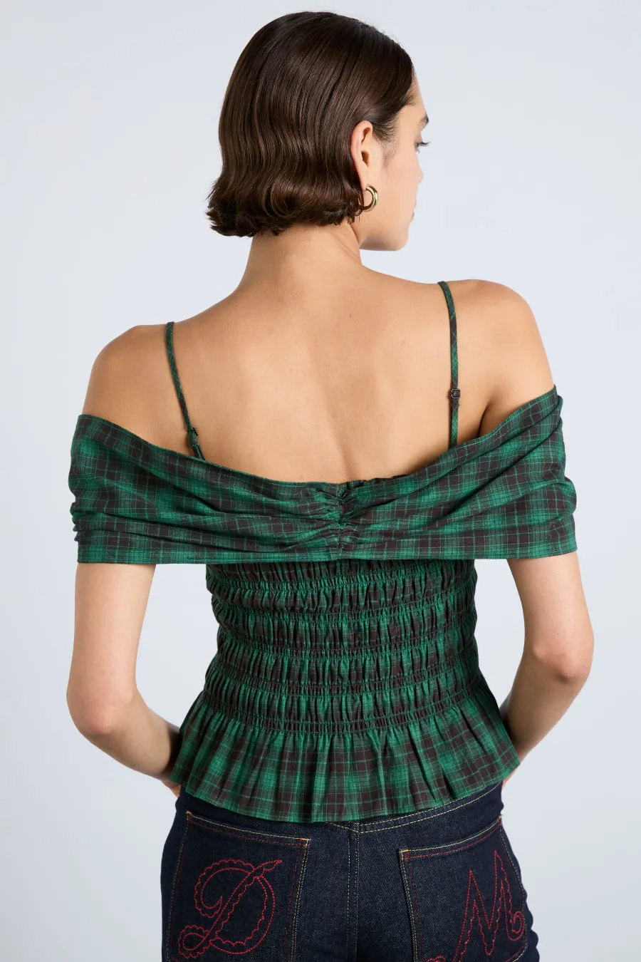 elsa shirred bardot cami - green check