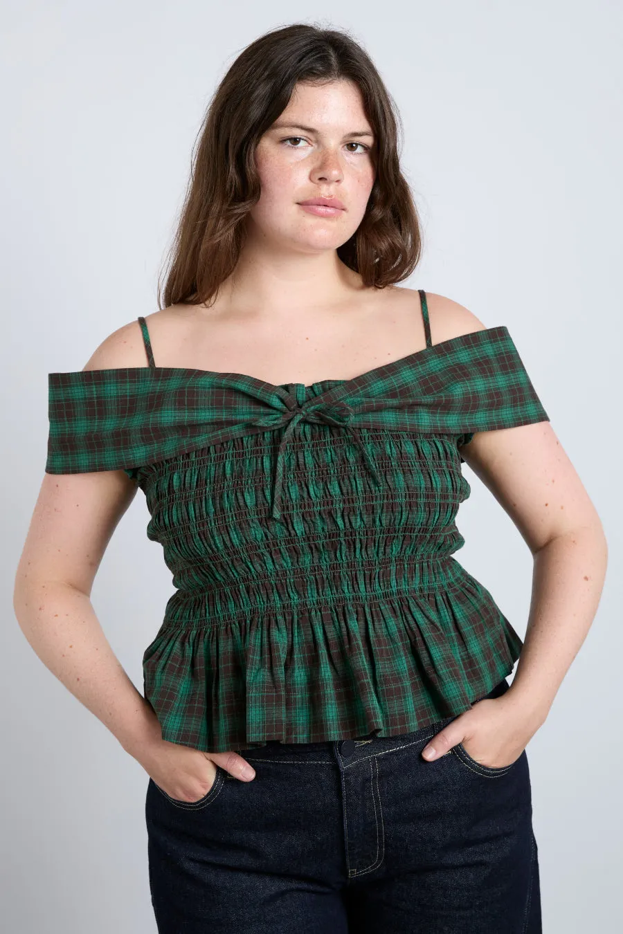 elsa shirred bardot cami - green check