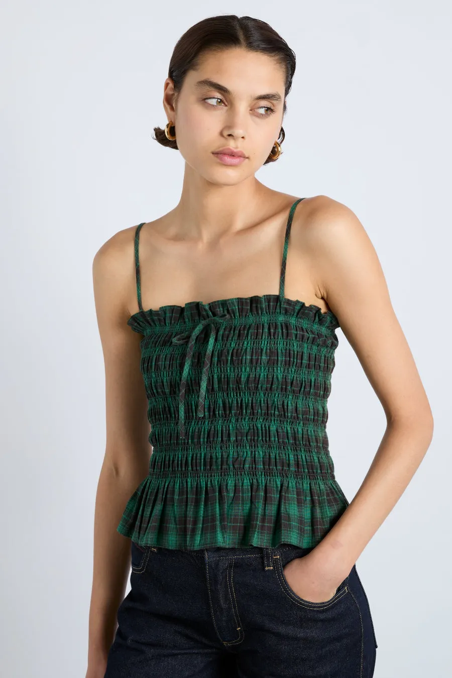 elsa shirred bardot cami - green check