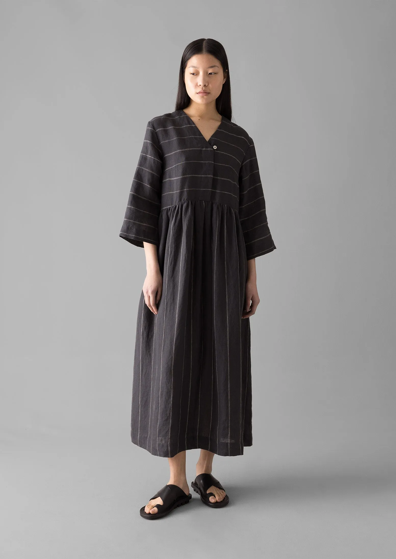 Fine Stripe Linen V-Neck Dress | Onyx