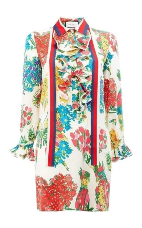 Floral Print Ruffle Trim Shirt Dress