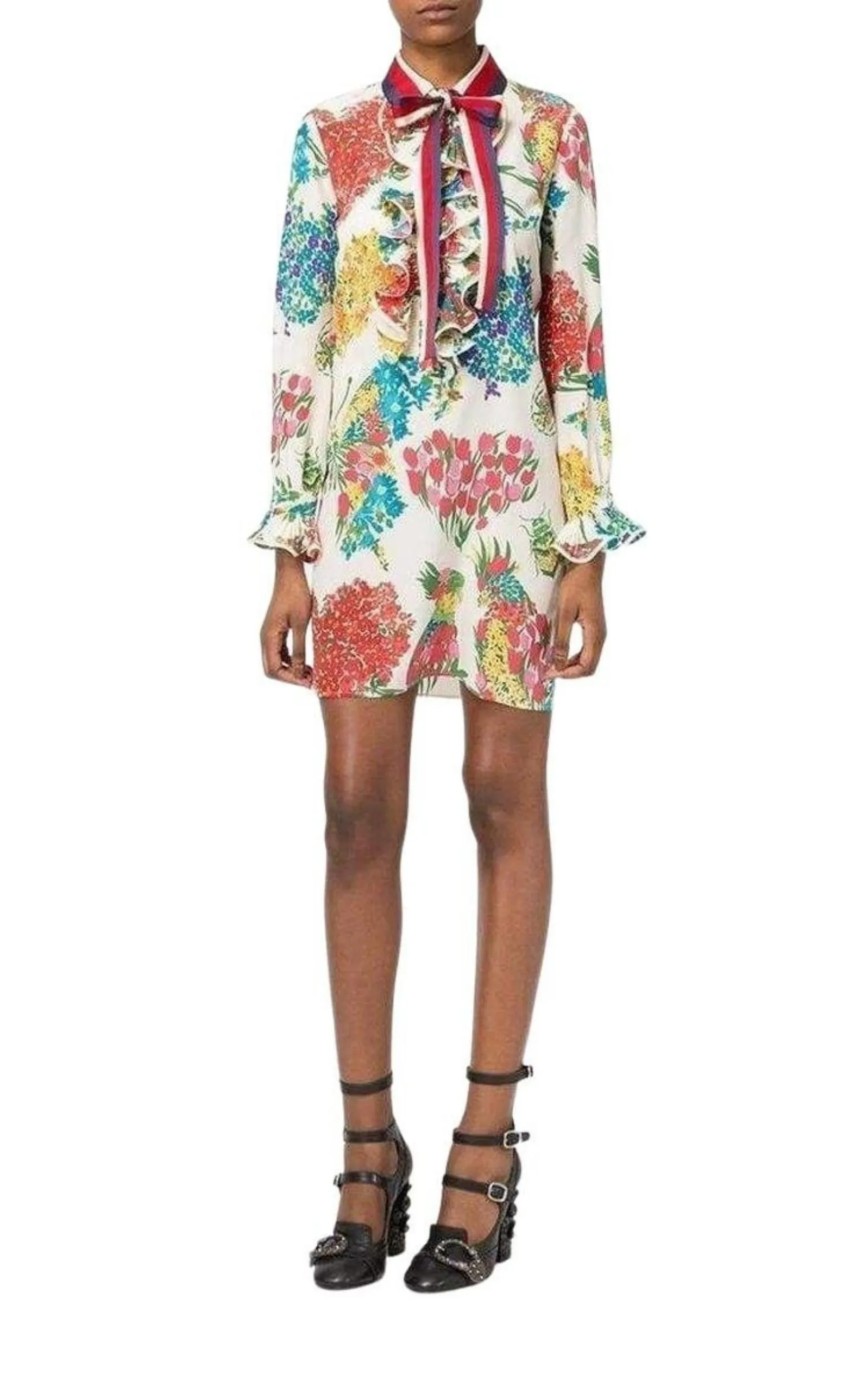 Floral Print Ruffle Trim Shirt Dress