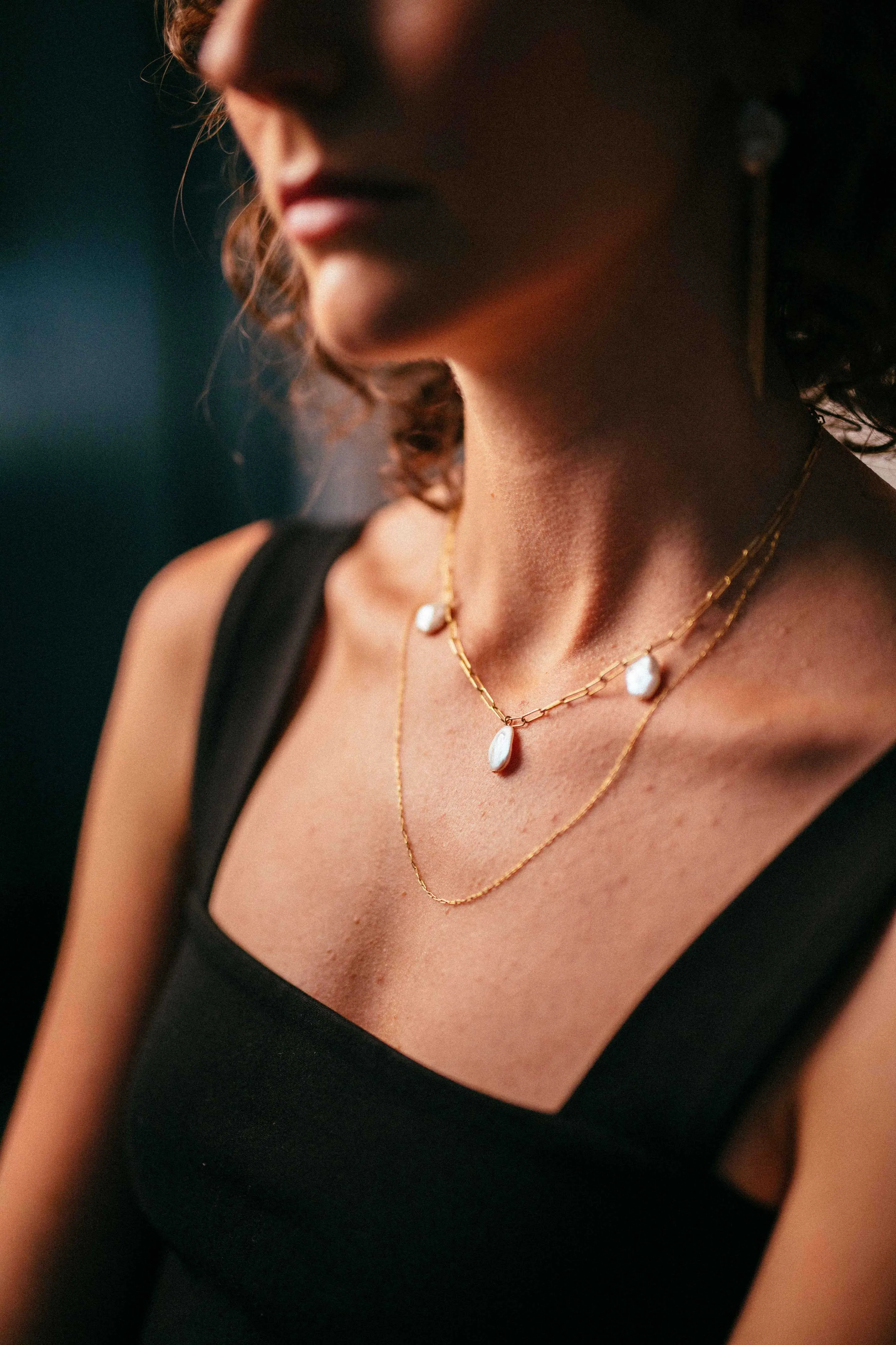 Gold Filled Paperclip & Fine Chain with Flat Baroque Pearl Pendant Necklace