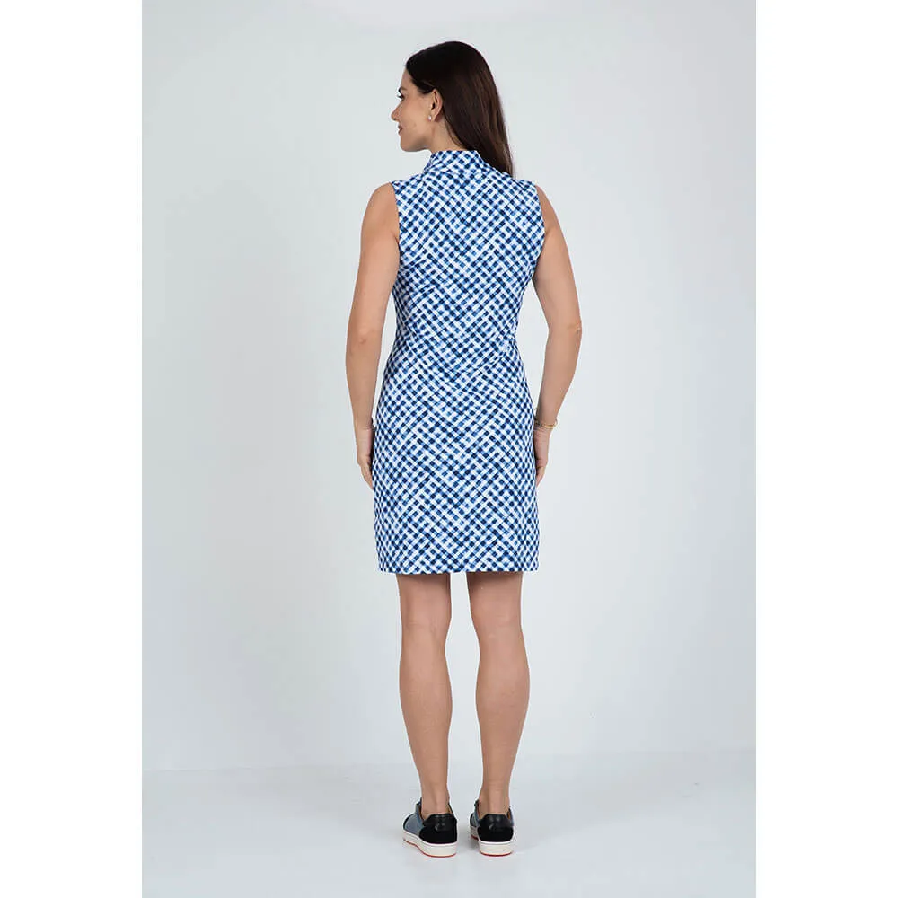 IBKUL Gingham Check Sleeveless Zip Mock Dress - Navy/White