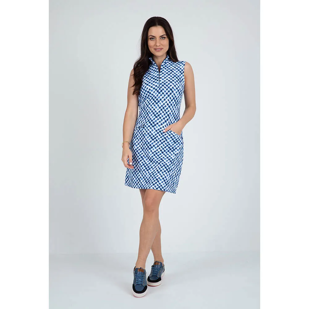 IBKUL Gingham Check Sleeveless Zip Mock Dress - Navy/White